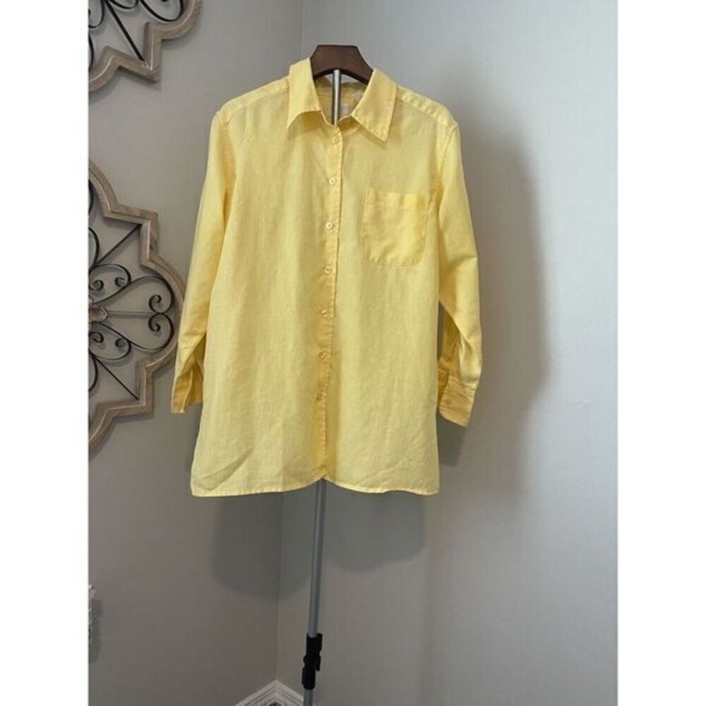Elisabeth By Liz Claiborne Yellow Linen Button-Down Shirt‎ Blouse Petite 14
